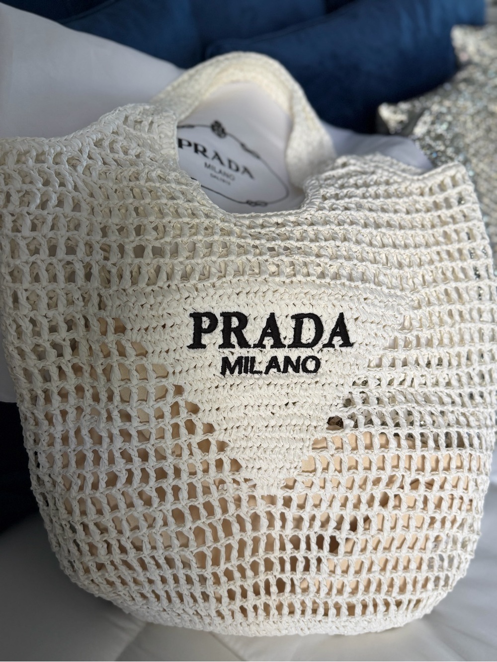 Prada Cream Crochet Open-Weave Tote with Black Logo. SIZE 25” H X 15” WIDE - Picture 3 of 4